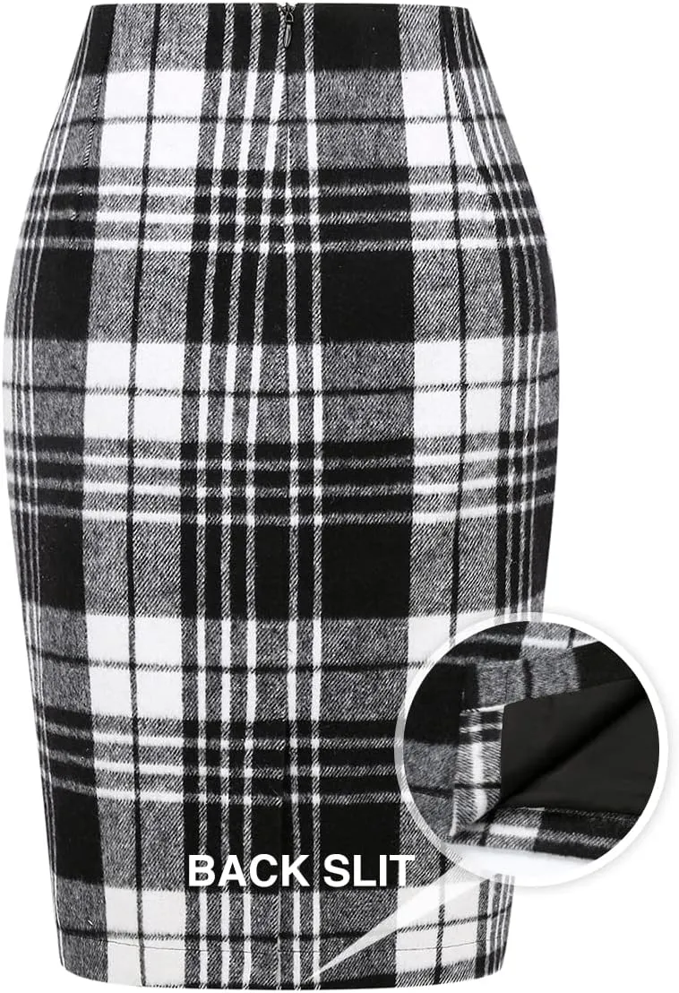 IDEALSANXUN Midi Plaid Skirts for Women Fall Winter Knee Length Pencil Wool Skirt with Slit