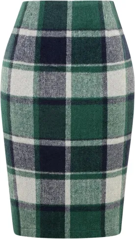 IDEALSANXUN Midi Plaid Skirts for Women Fall Winter Knee Length Pencil Wool Skirt with Slit