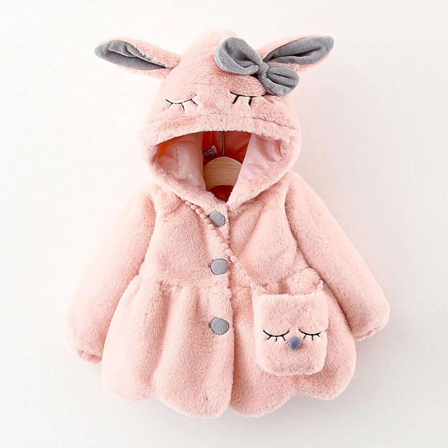 Infant Baby Girls Winter Coat Faux Fur Fleece Jacket Bunny Ear Hooded Coat with Bag Thick Button up Bubble Jacket