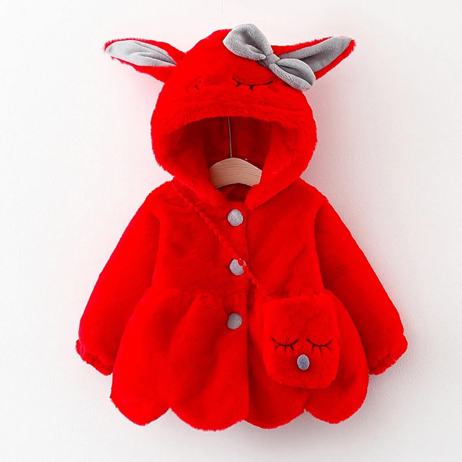 Infant Baby Girls Winter Coat Faux Fur Fleece Jacket Bunny Ear Hooded Coat with Bag Thick Button up Bubble Jacket