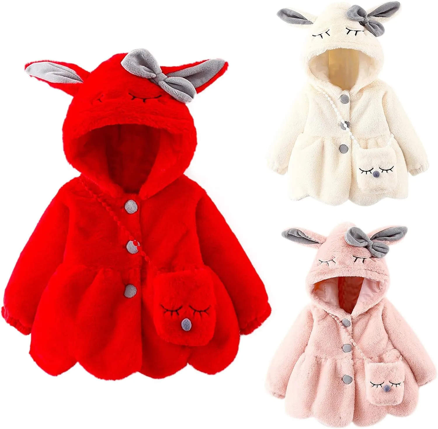 Infant Baby Girls Winter Coat Faux Fur Fleece Jacket Bunny Ear Hooded Coat with Bag Thick Button up Bubble Jacket