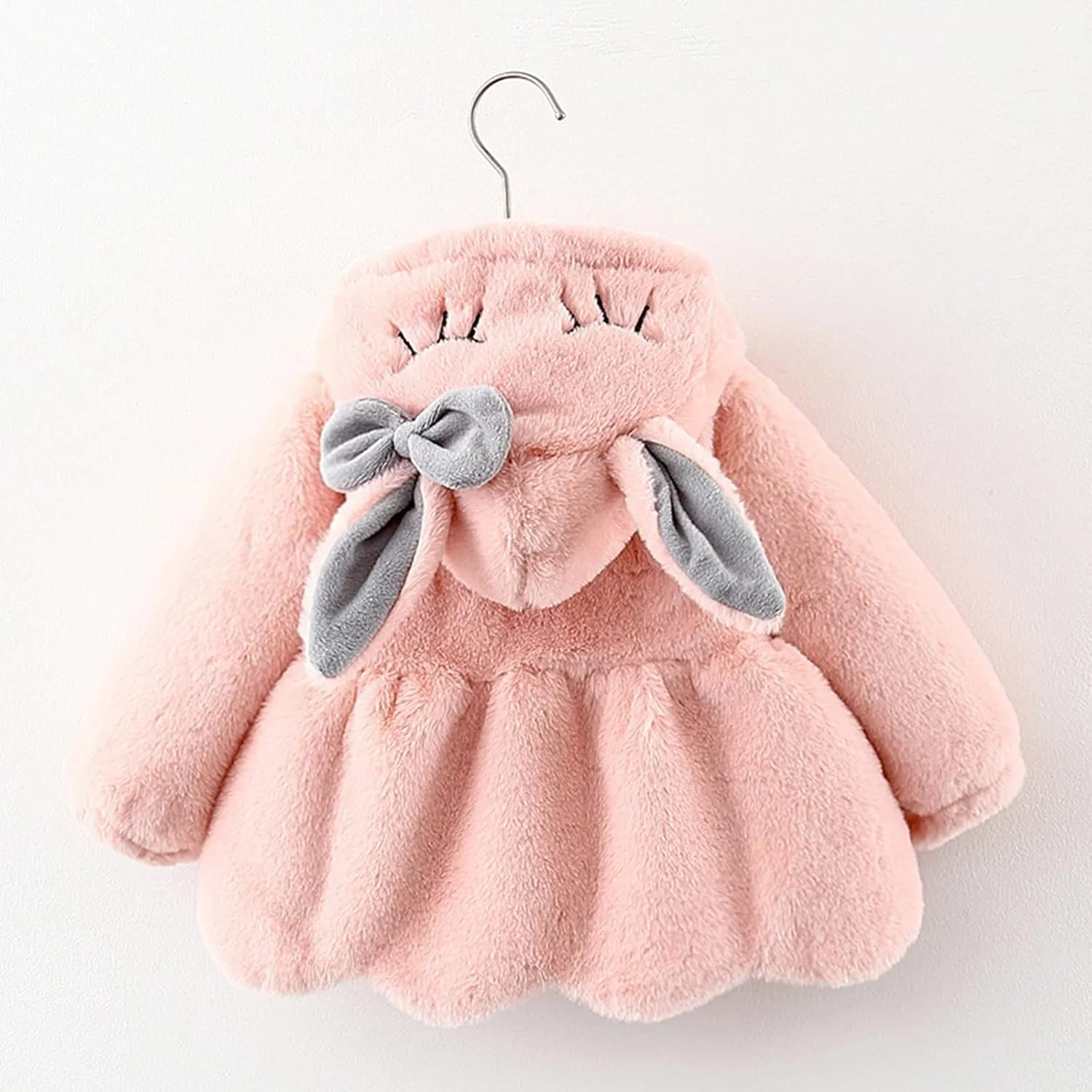 Infant Baby Girls Winter Coat Faux Fur Fleece Jacket Bunny Ear Hooded Coat with Bag Thick Button up Bubble Jacket