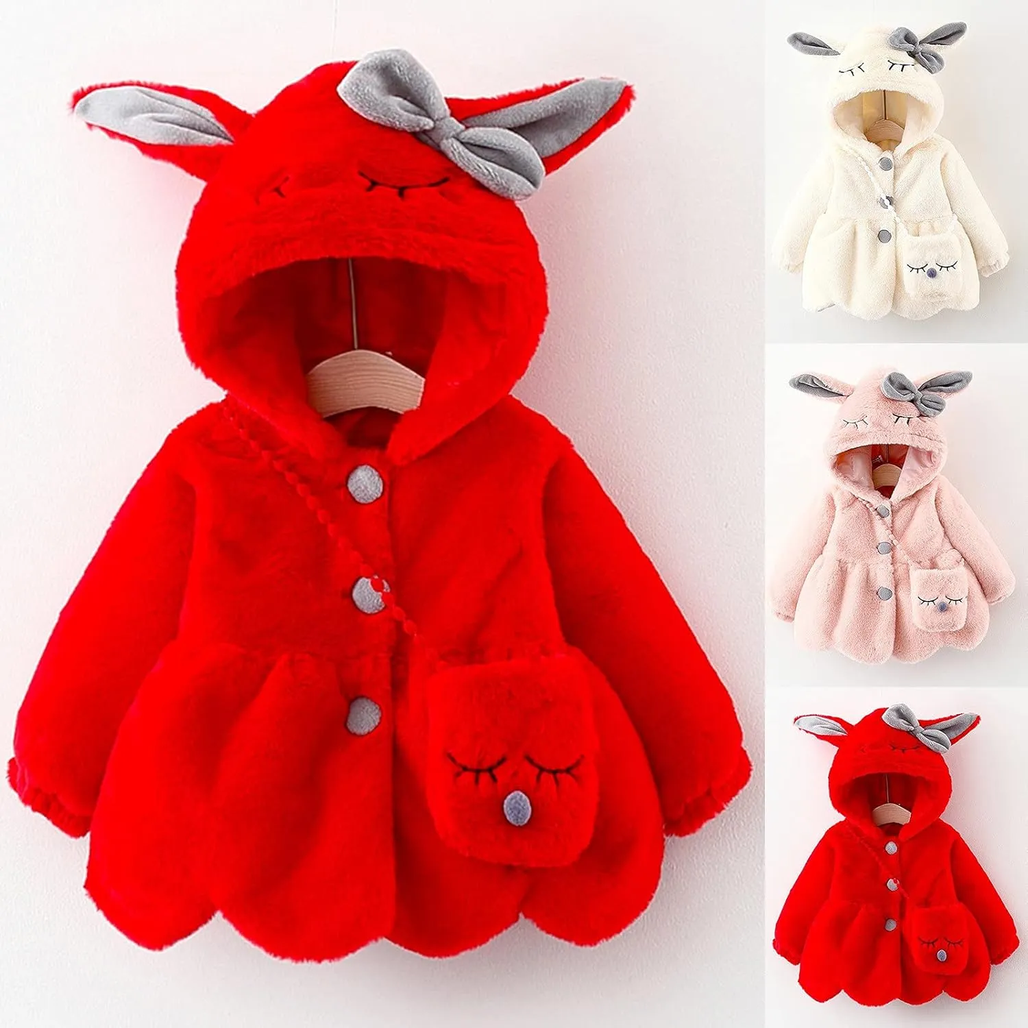 Infant Baby Girls Winter Coat Faux Fur Fleece Jacket Bunny Ear Hooded Coat with Bag Thick Button up Bubble Jacket