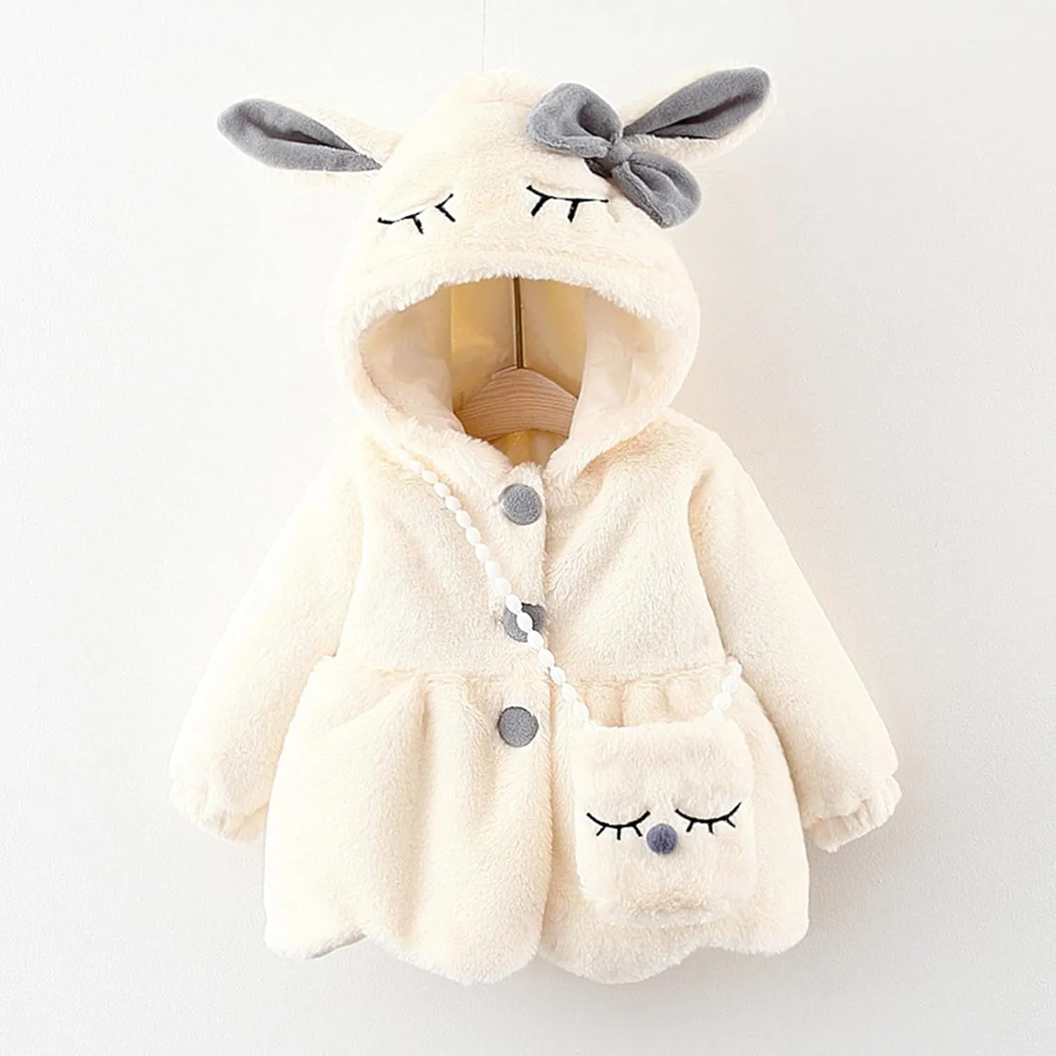 Infant Baby Girls Winter Coat Faux Fur Fleece Jacket Bunny Ear Hooded Coat with Bag Thick Button up Bubble Jacket