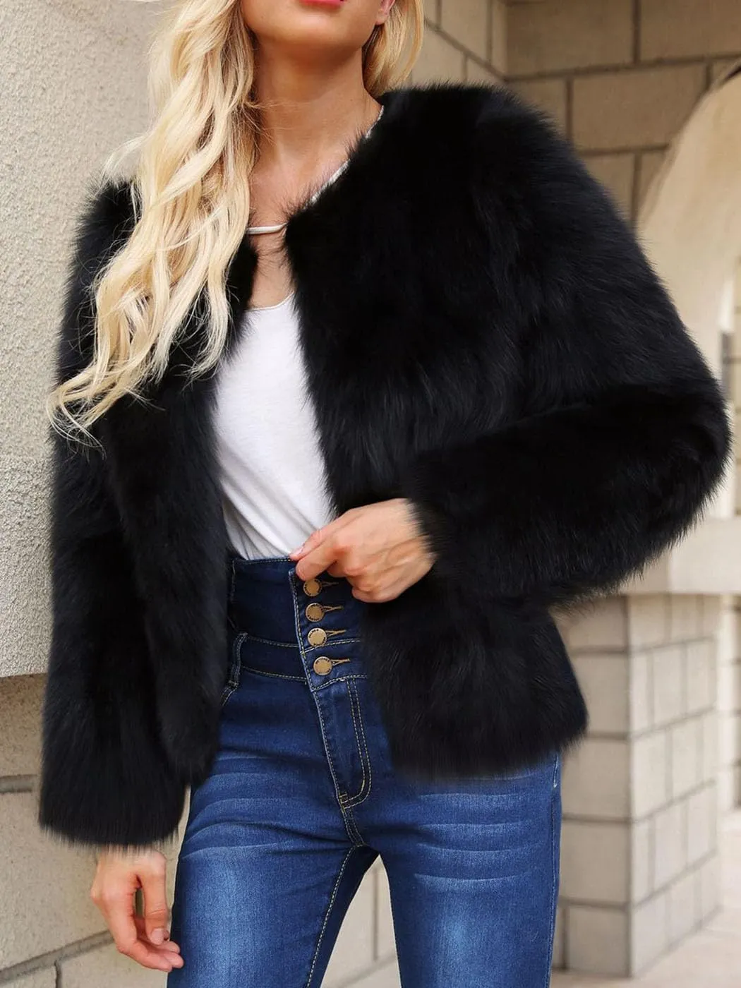 JAKAWIN Women's Faux Fur Jacket Coat Long Sleeve Shaggy Jackets Open Front Outwear Short Winter Warm Coats