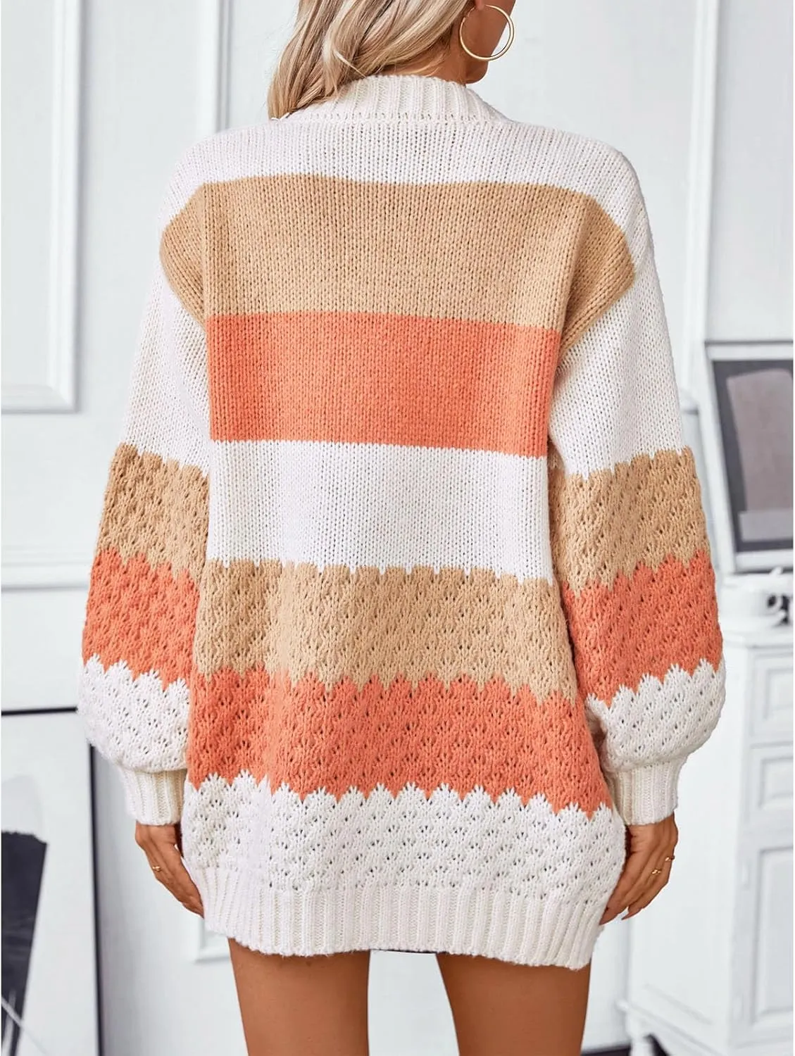 JASCLS Women's Long Sleeve Color Block Chunky Cable Knitted Oversized Sweater Cardigans for Women