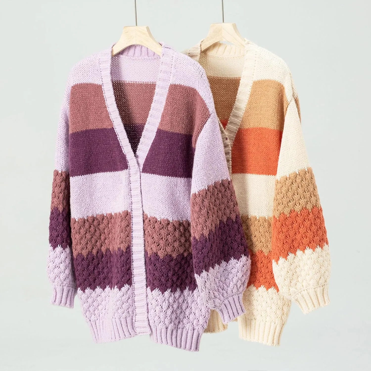 JASCLS Women's Long Sleeve Color Block Chunky Cable Knitted Oversized Sweater Cardigans for Women