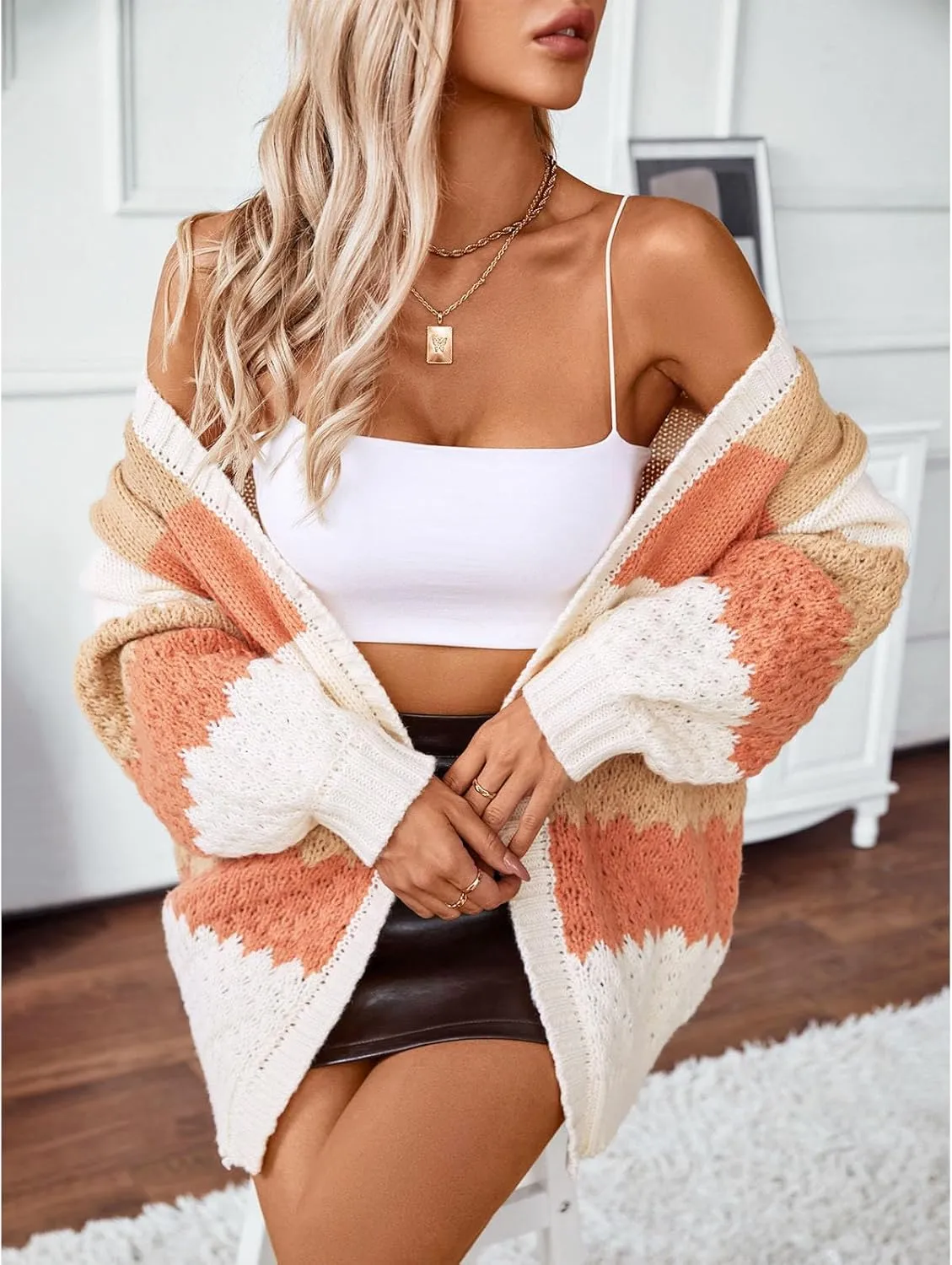 JASCLS Women's Long Sleeve Color Block Chunky Cable Knitted Oversized Sweater Cardigans for Women