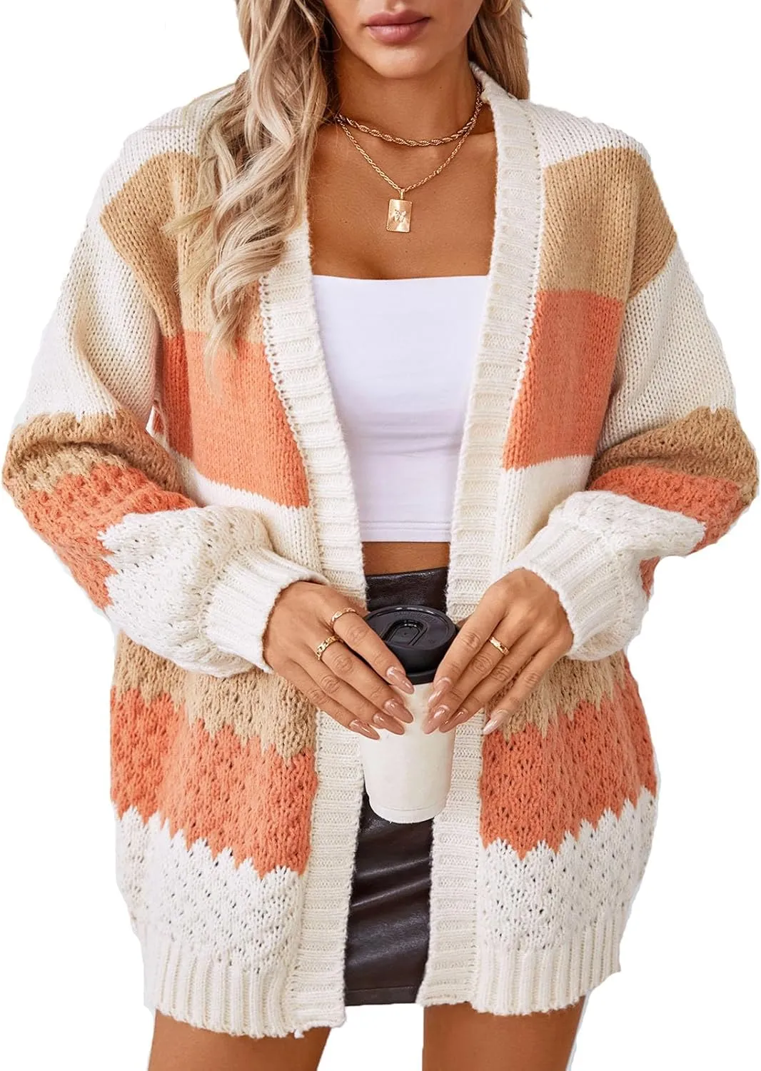 JASCLS Women's Long Sleeve Color Block Chunky Cable Knitted Oversized Sweater Cardigans for Women