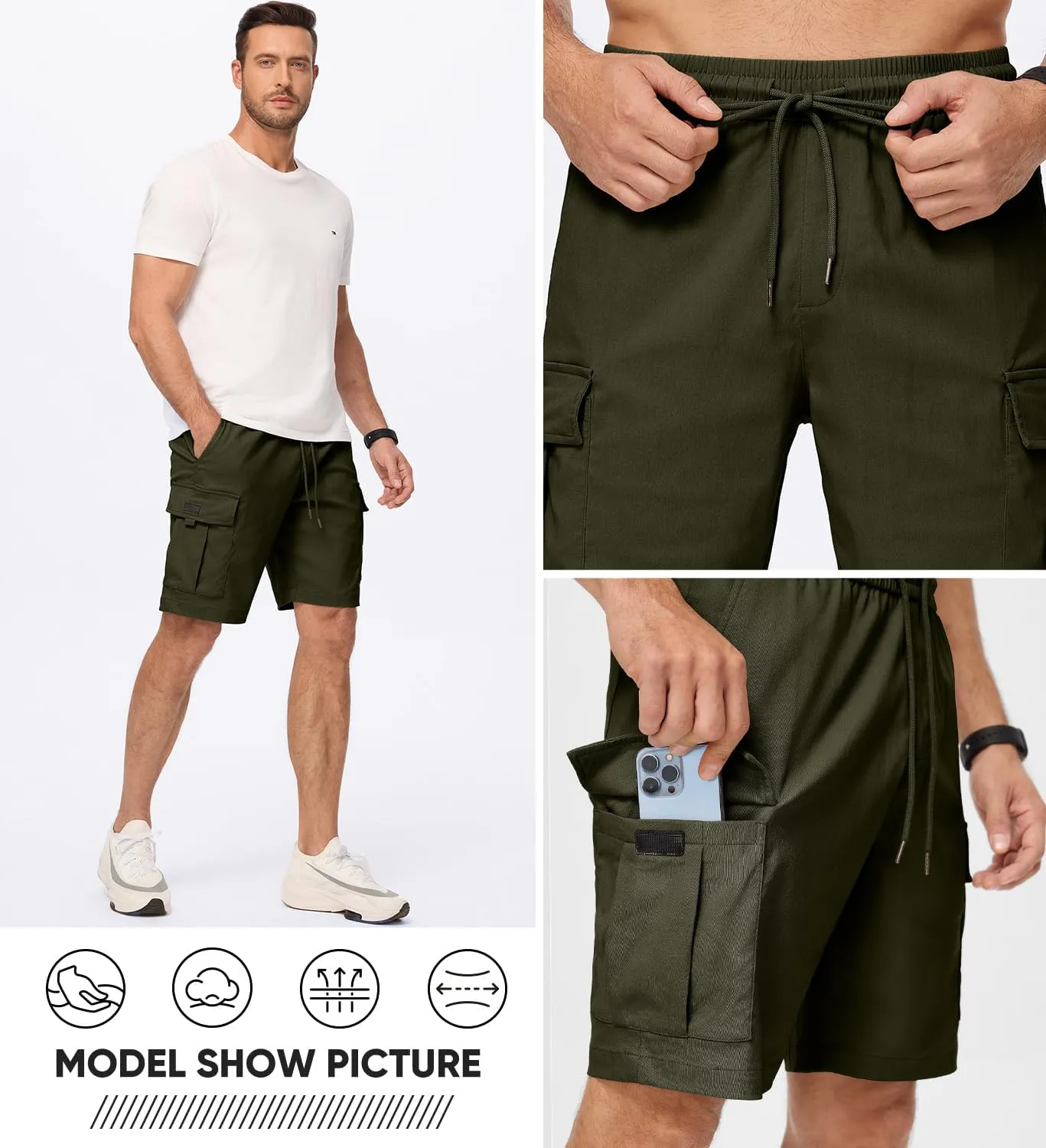 JMIERR Men's Casual Stretch Cargo Shorts Classic Drawstring Elastic Waist Summer Work Short with Multi Pockets