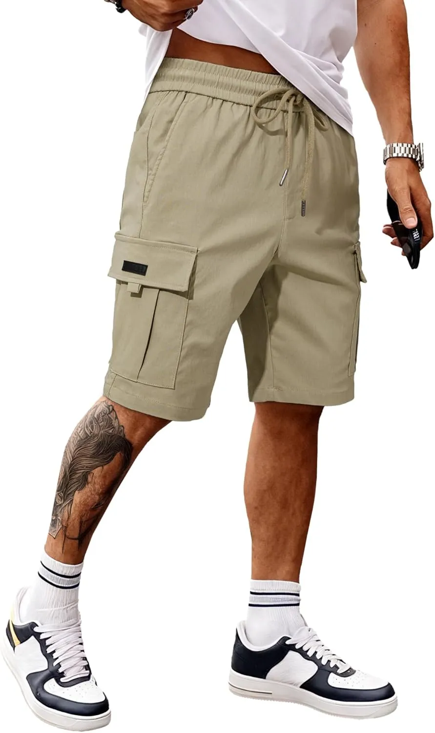 JMIERR Men's Casual Stretch Cargo Shorts Classic Drawstring Elastic Waist Summer Work Short with Multi Pockets