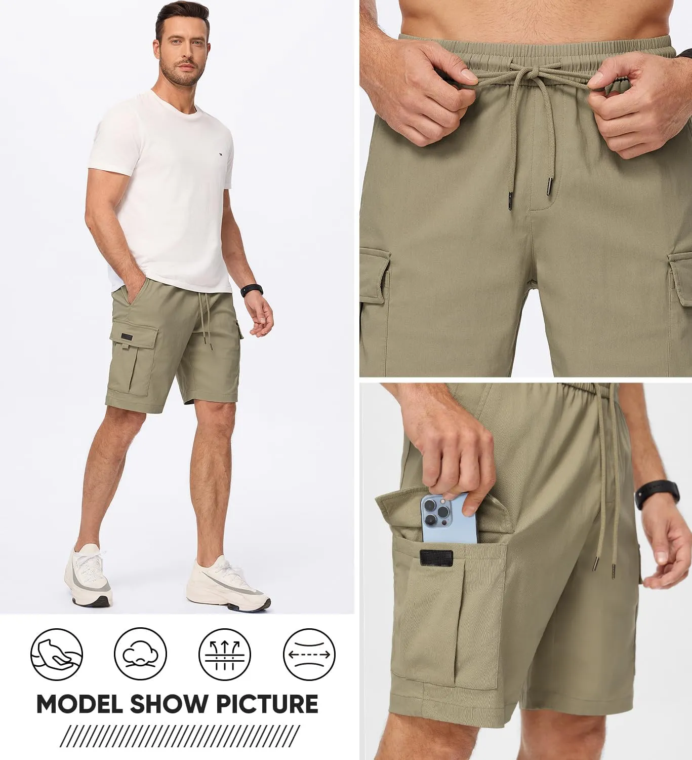 JMIERR Men's Casual Stretch Cargo Shorts Classic Drawstring Elastic Waist Summer Work Short with Multi Pockets