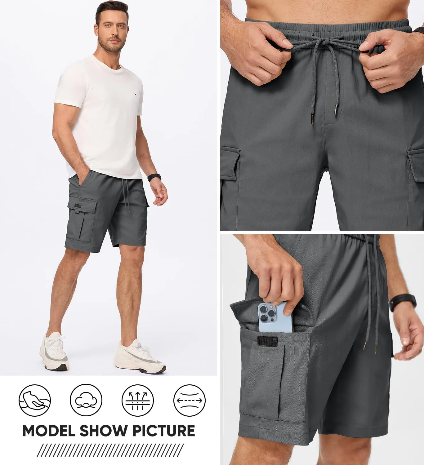 JMIERR Men's Casual Stretch Cargo Shorts Classic Drawstring Elastic Waist Summer Work Short with Multi Pockets