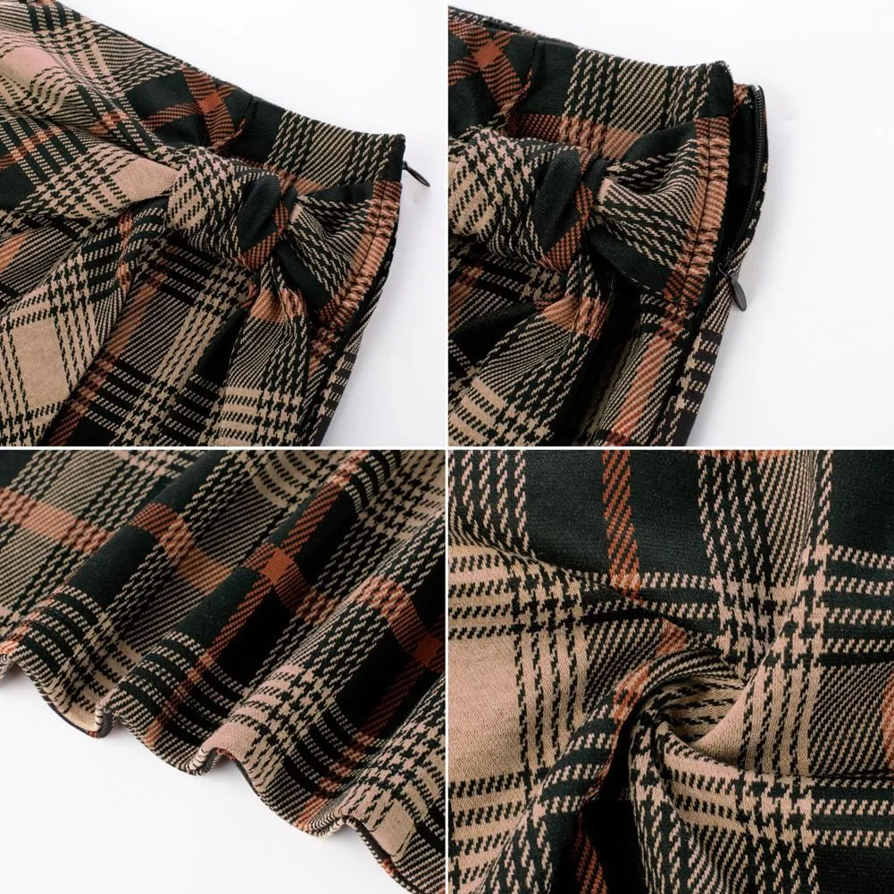 Kate Kasin Women's Plaid Skirt Elastic High Waist Bow Tie Stretch Bodycon Pencil Mini Skirts