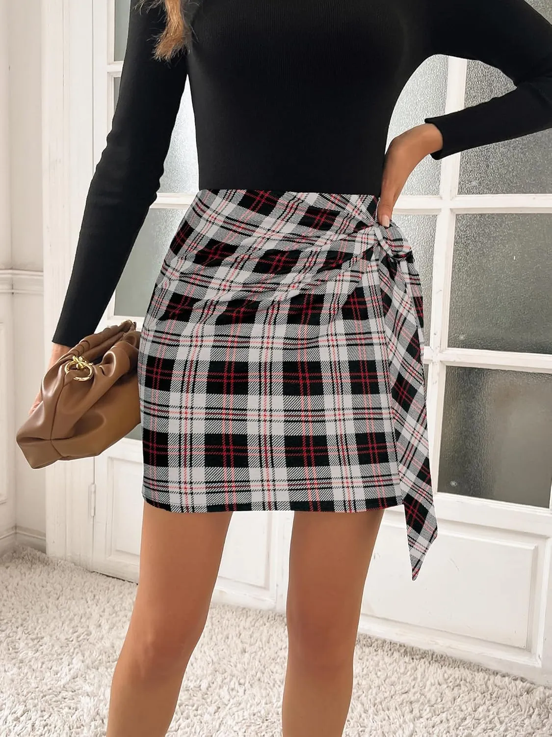 Kate Kasin Women's Plaid Skirt Elastic High Waist Bow Tie Stretch Bodycon Pencil Mini Skirts