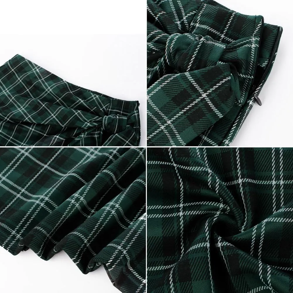 Kate Kasin Women's Plaid Skirt Elastic High Waist Bow Tie Stretch Bodycon Pencil Mini Skirts
