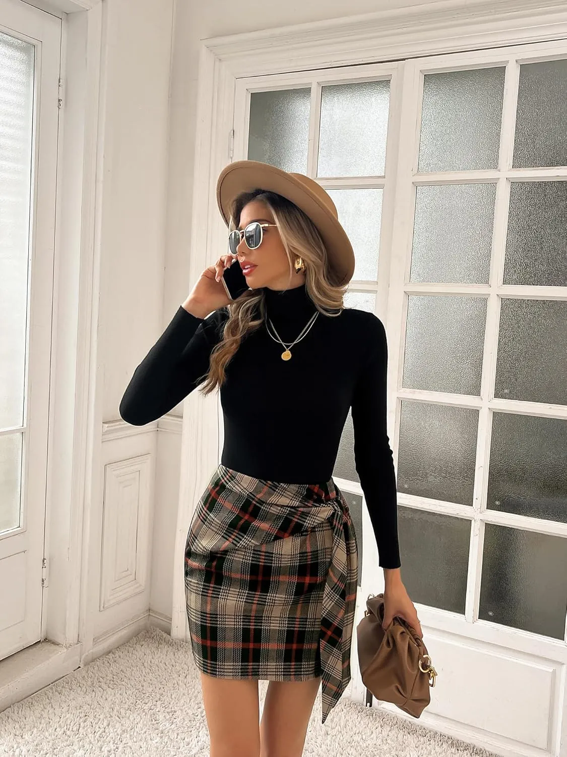 Kate Kasin Women's Plaid Skirt Elastic High Waist Bow Tie Stretch Bodycon Pencil Mini Skirts