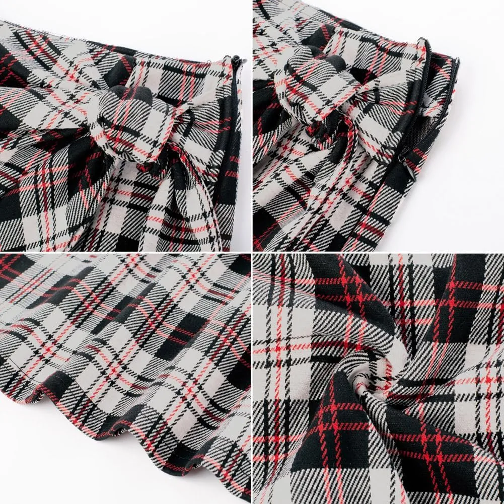 Kate Kasin Women's Plaid Skirt Elastic High Waist Bow Tie Stretch Bodycon Pencil Mini Skirts