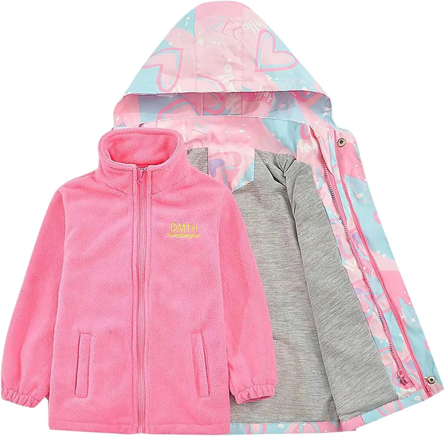 Kids Girl Jacket Waterproof 3 in 1 Insulated Windbreaker Detachable Liner Fleece Lightweight Coat with Hood Outwear