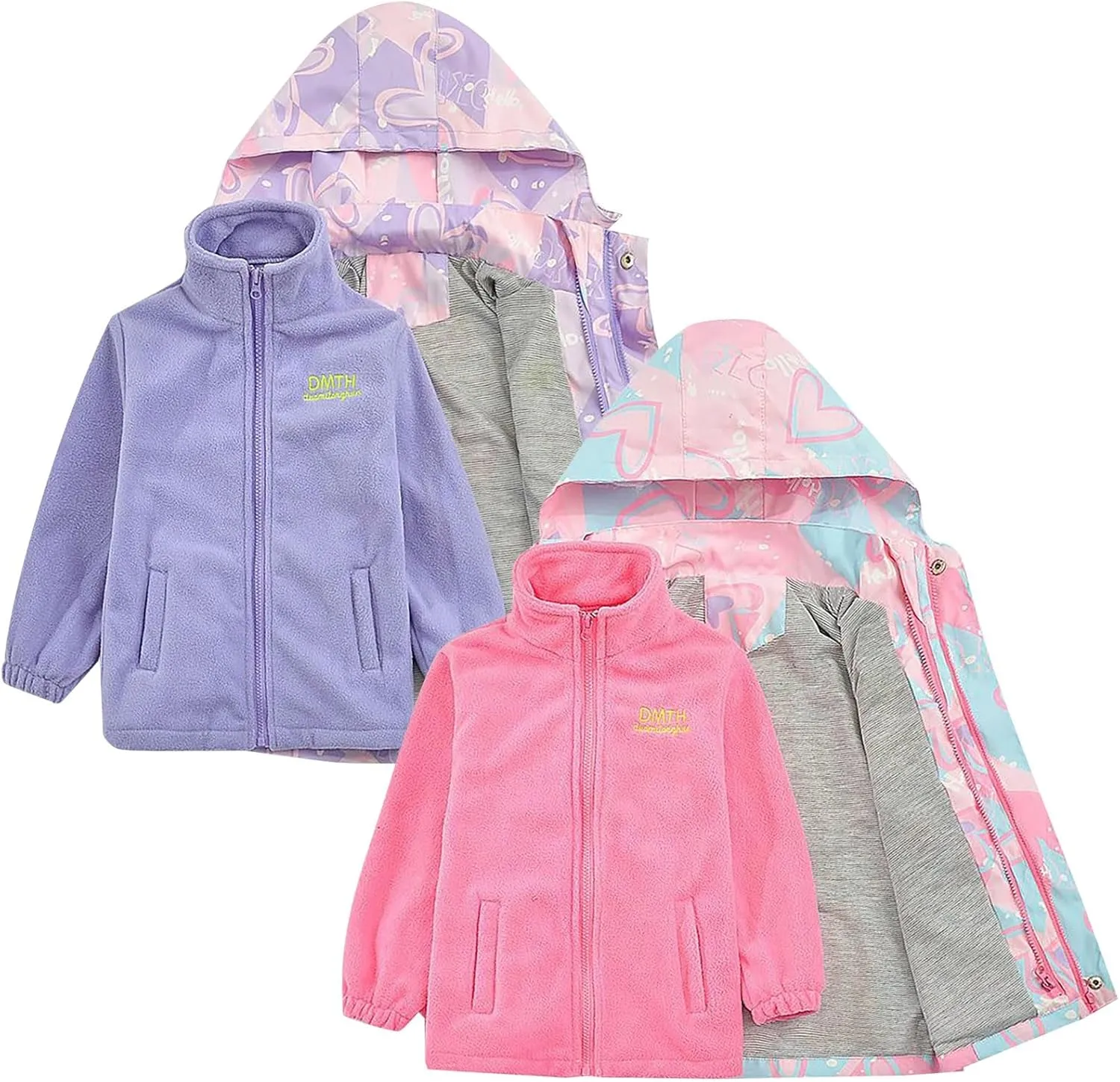 Kids Girl Jacket Waterproof 3 in 1 Insulated Windbreaker Detachable Liner Fleece Lightweight Coat with Hood Outwear