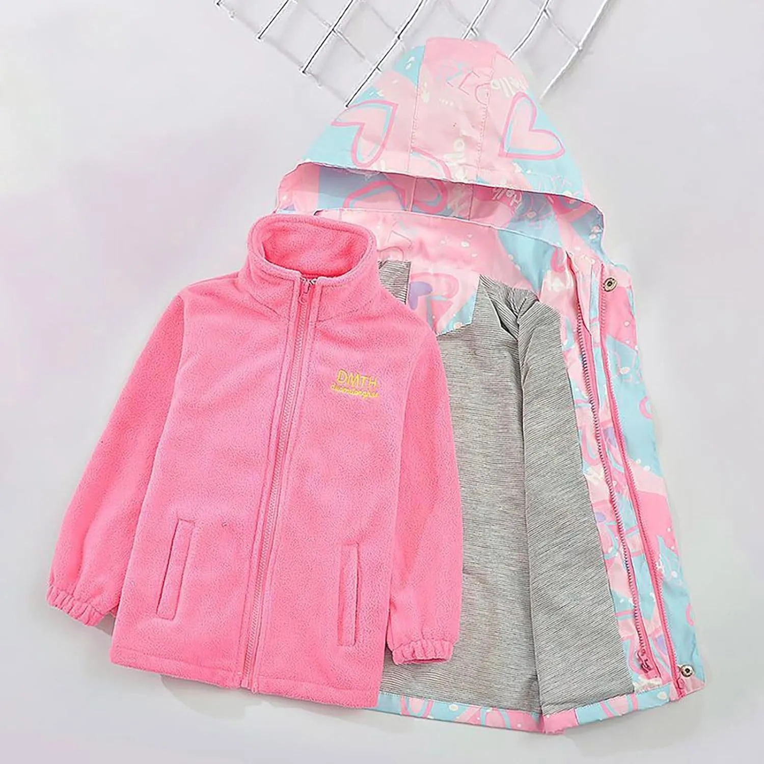 Kids Girl Jacket Waterproof 3 in 1 Insulated Windbreaker Detachable Liner Fleece Lightweight Coat with Hood Outwear