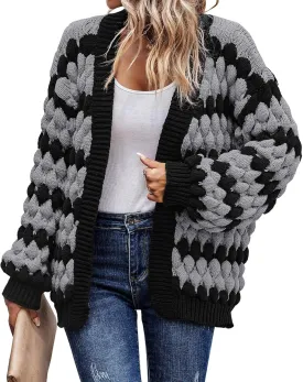 KIRUNDO Womens Cardigan Fall Fashion Lantern Sleeve Open Front Striped Color Block Loose Cable Knit Winter Sweater Coats