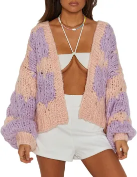 KMBANGI Women Crochet Chunky Sweater Open Front Long Sleeve Cable Knit Cardigan Cute Oversized Jumper Aesthetic Knitwear
