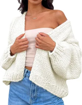 KMBANGI Women Crochet Chunky Sweater Open Front Long Sleeve Cable Knit Cardigan Cute Oversized Jumper Aesthetic Knitwear