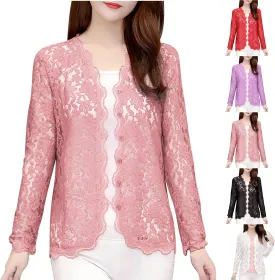 Lace Floral Shrug Cardigans for Women Plus Size Long Sleeve Open Front Crochet Bolero Jacket Cropped Cardigan