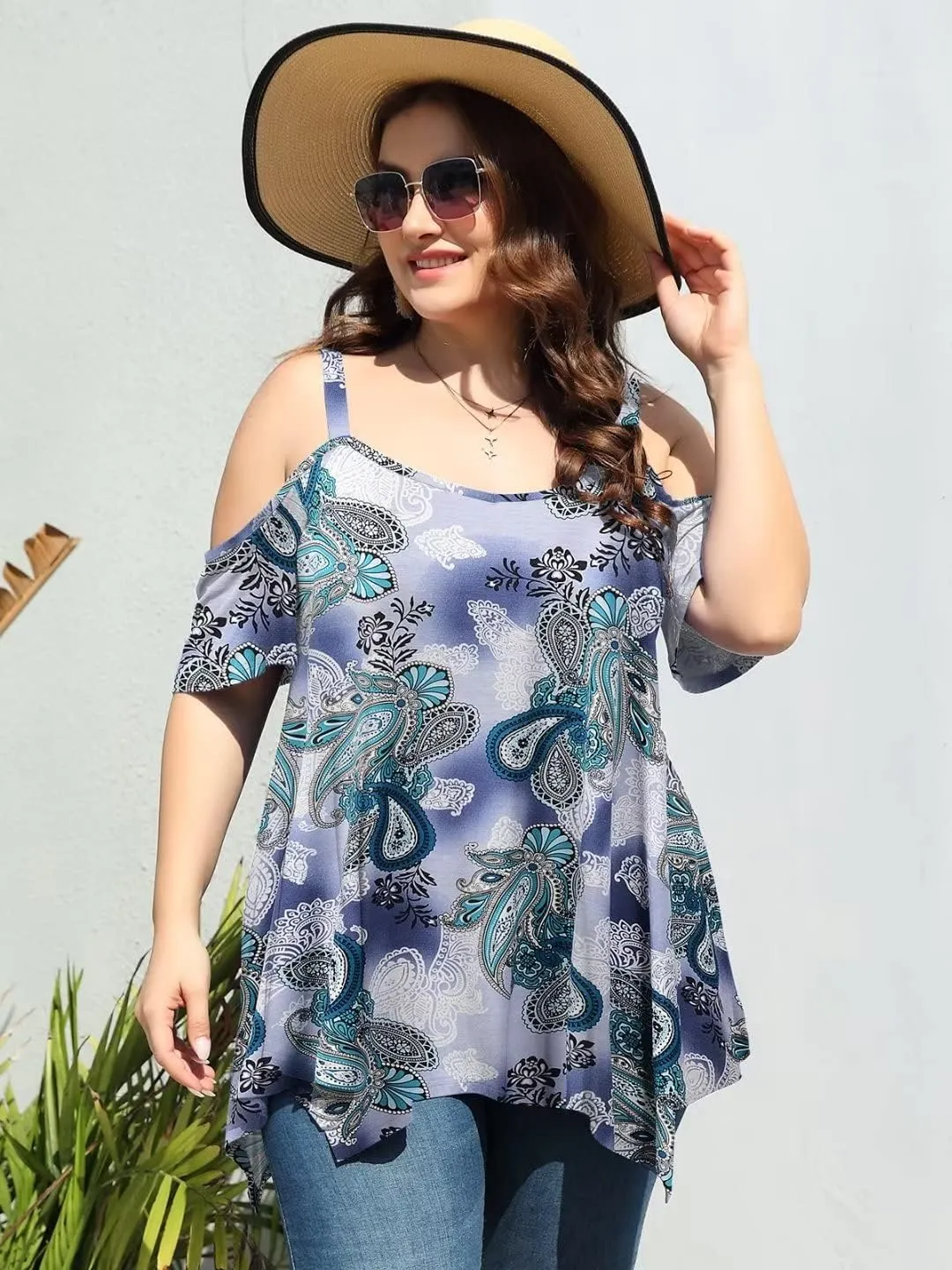LARACE Cold Shoulder Tops for Womens Summer Clothes Spaghetti Strape Tunic Oversized Shirts Asymmetrical Plus Size Blouse