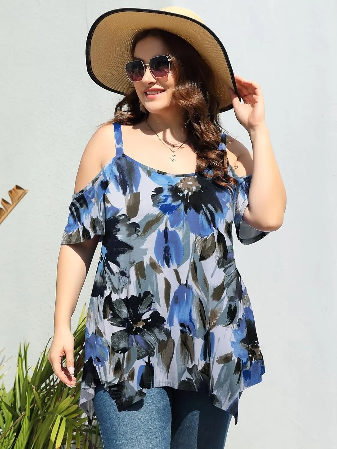 LARACE Cold Shoulder Tops for Womens Summer Clothes Spaghetti Strape Tunic Oversized Shirts Asymmetrical Plus Size Blouse