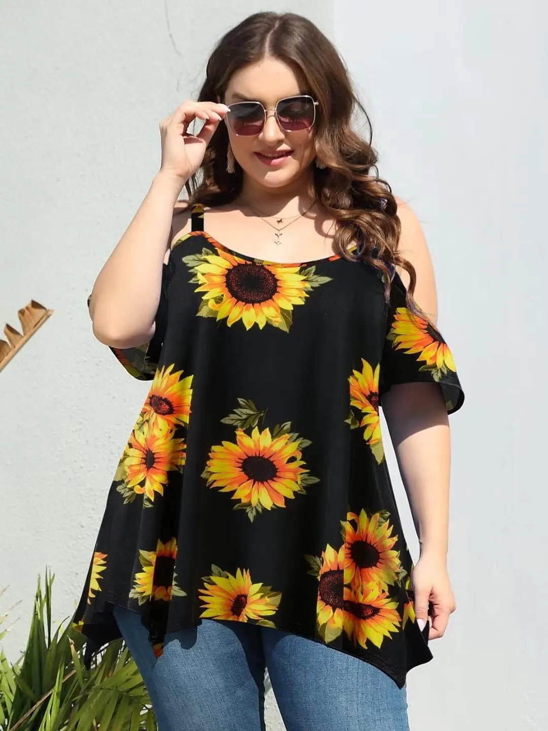 LARACE Cold Shoulder Tops for Womens Summer Clothes Spaghetti Strape Tunic Oversized Shirts Asymmetrical Plus Size Blouse