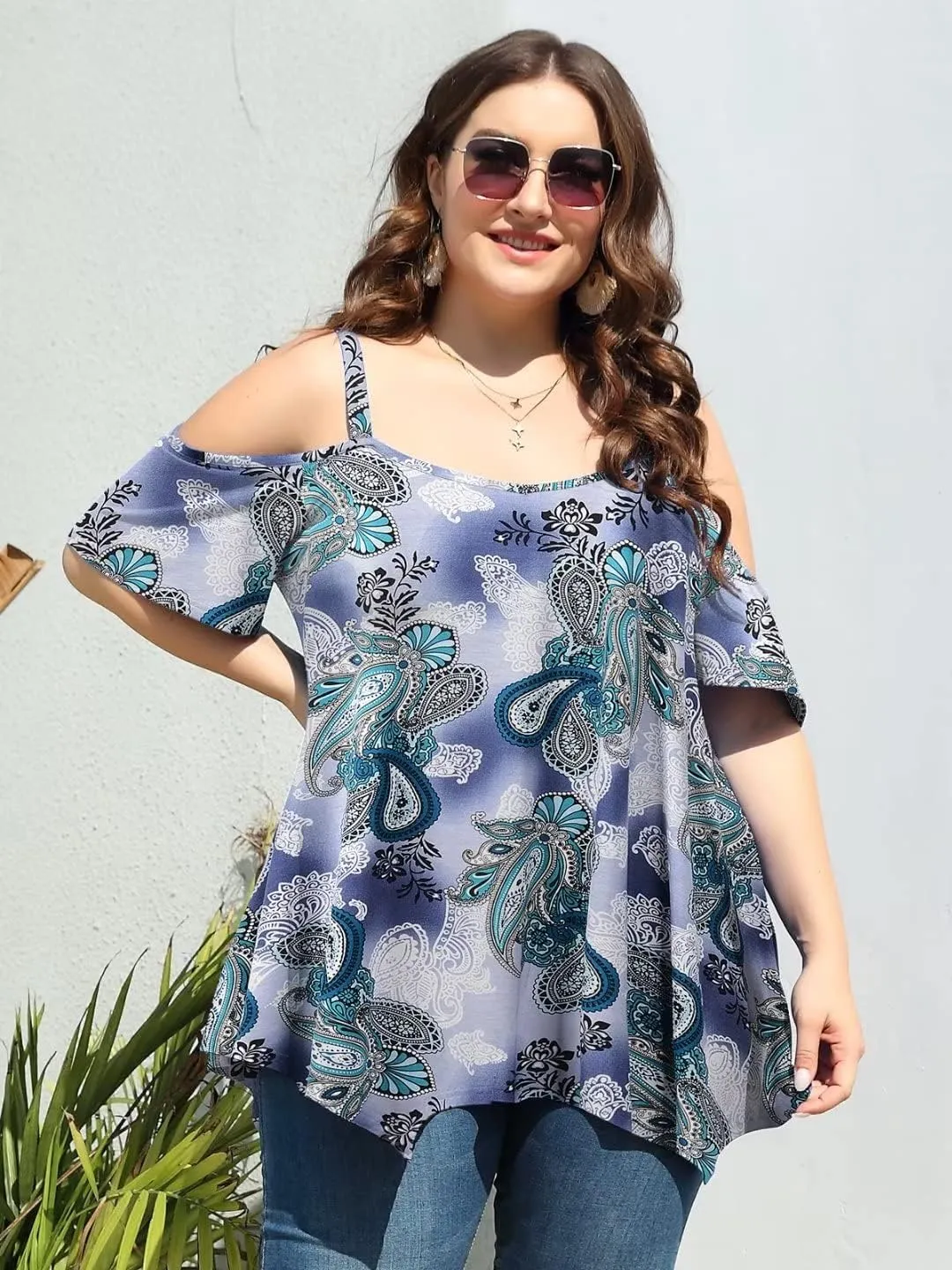 LARACE Cold Shoulder Tops for Womens Summer Clothes Spaghetti Strape Tunic Oversized Shirts Asymmetrical Plus Size Blouse
