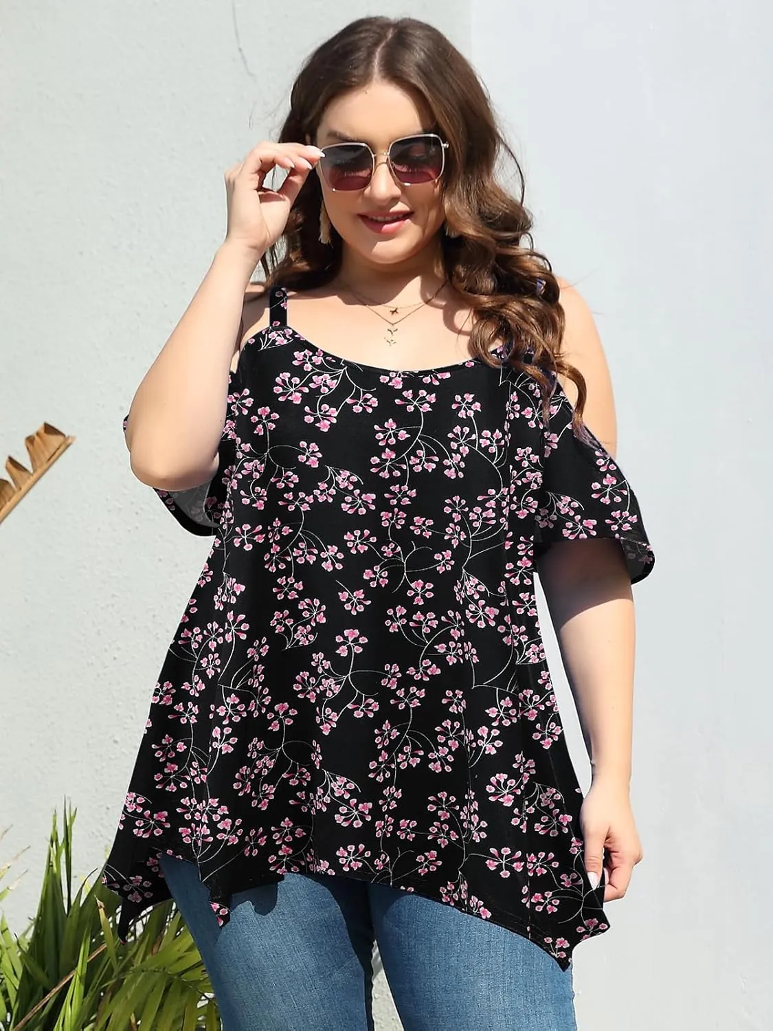 LARACE Cold Shoulder Tops for Womens Summer Clothes Spaghetti Strape Tunic Oversized Shirts Asymmetrical Plus Size Blouse