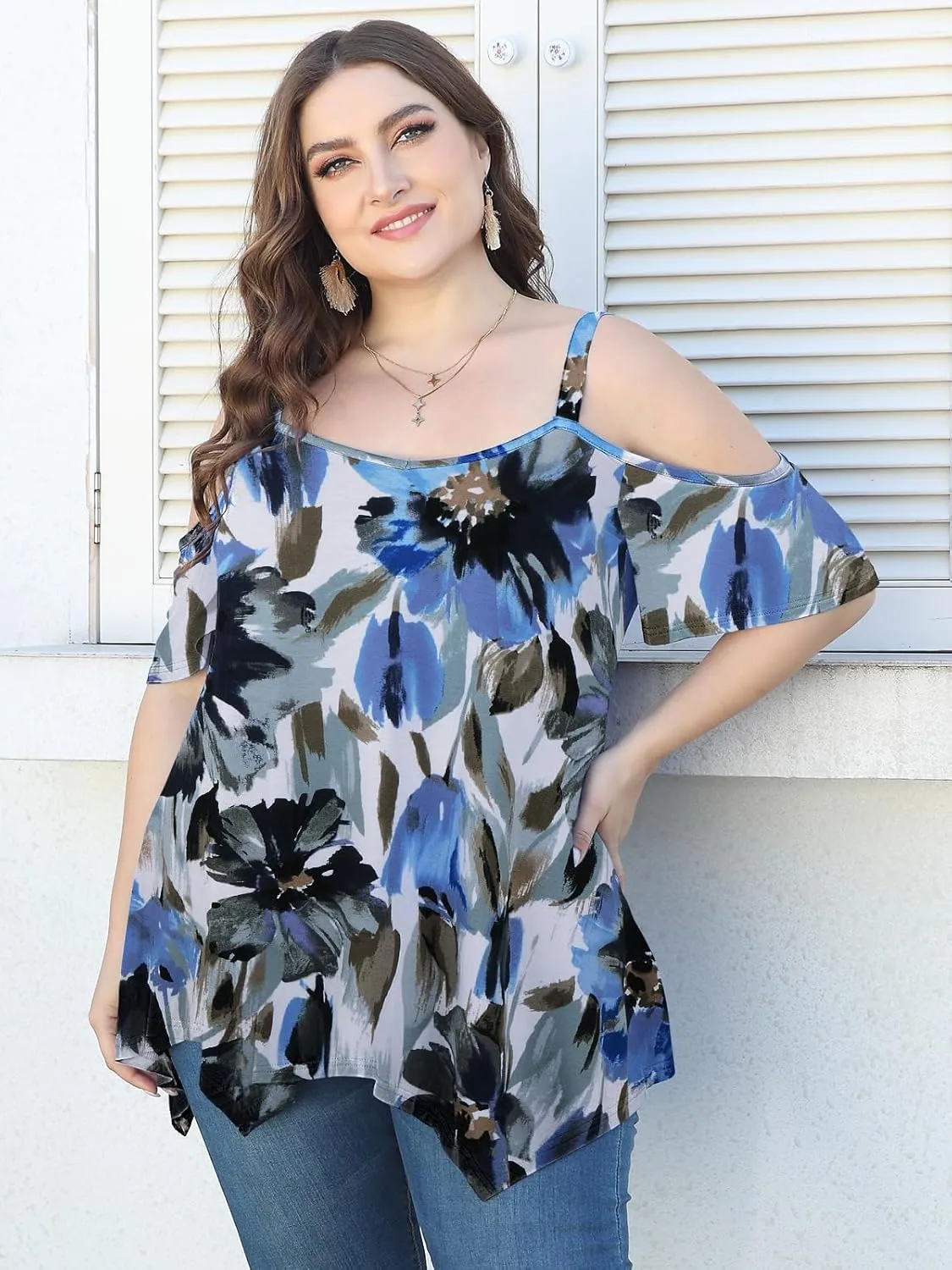LARACE Cold Shoulder Tops for Womens Summer Clothes Spaghetti Strape Tunic Oversized Shirts Asymmetrical Plus Size Blouse