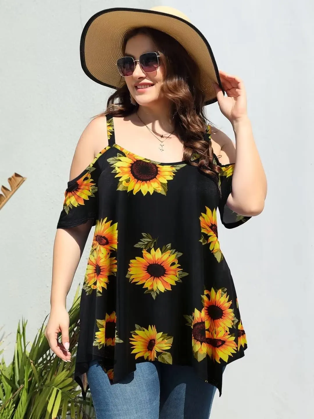 LARACE Cold Shoulder Tops for Womens Summer Clothes Spaghetti Strape Tunic Oversized Shirts Asymmetrical Plus Size Blouse
