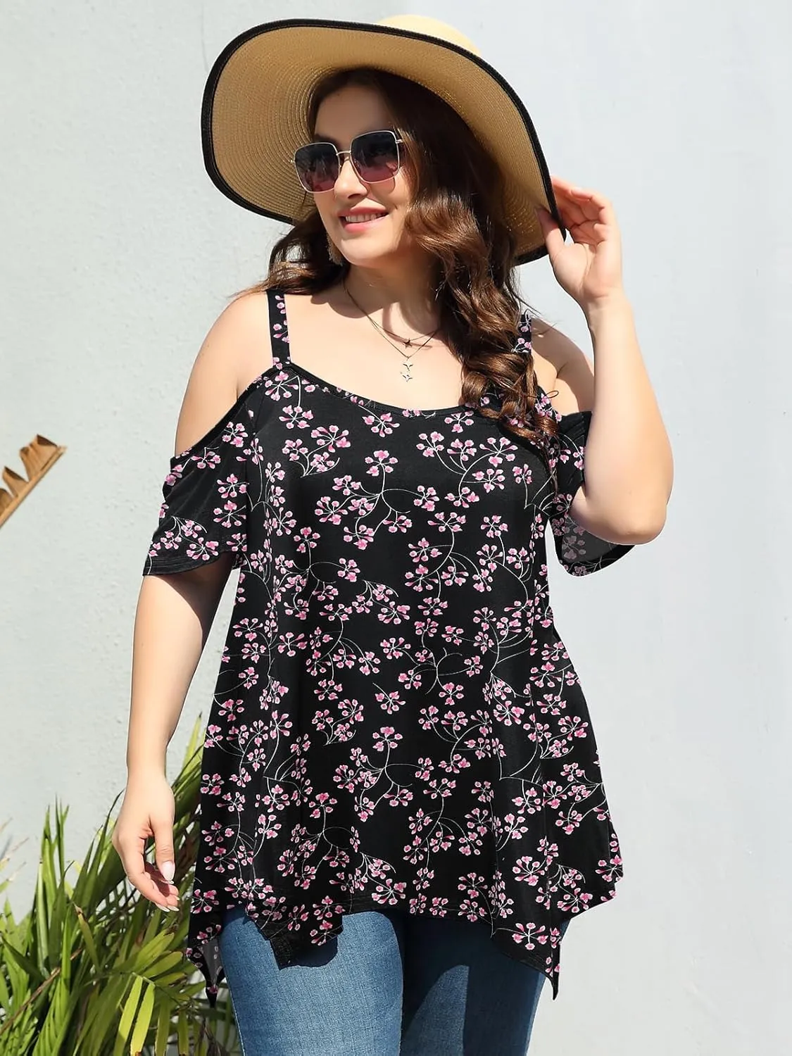 LARACE Cold Shoulder Tops for Womens Summer Clothes Spaghetti Strape Tunic Oversized Shirts Asymmetrical Plus Size Blouse