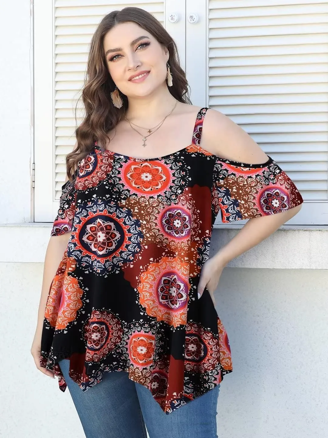 LARACE Cold Shoulder Tops for Womens Summer Clothes Spaghetti Strape Tunic Oversized Shirts Asymmetrical Plus Size Blouse