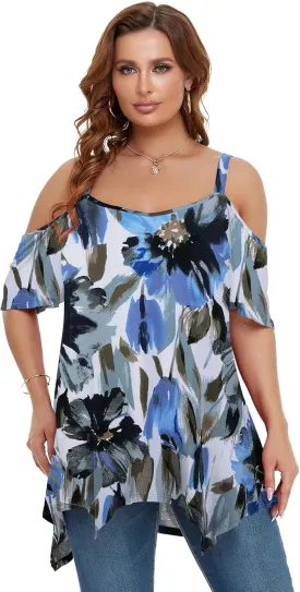 LARACE Cold Shoulder Tops for Womens Summer Clothes Spaghetti Strape Tunic Oversized Shirts Asymmetrical Plus Size Blouse