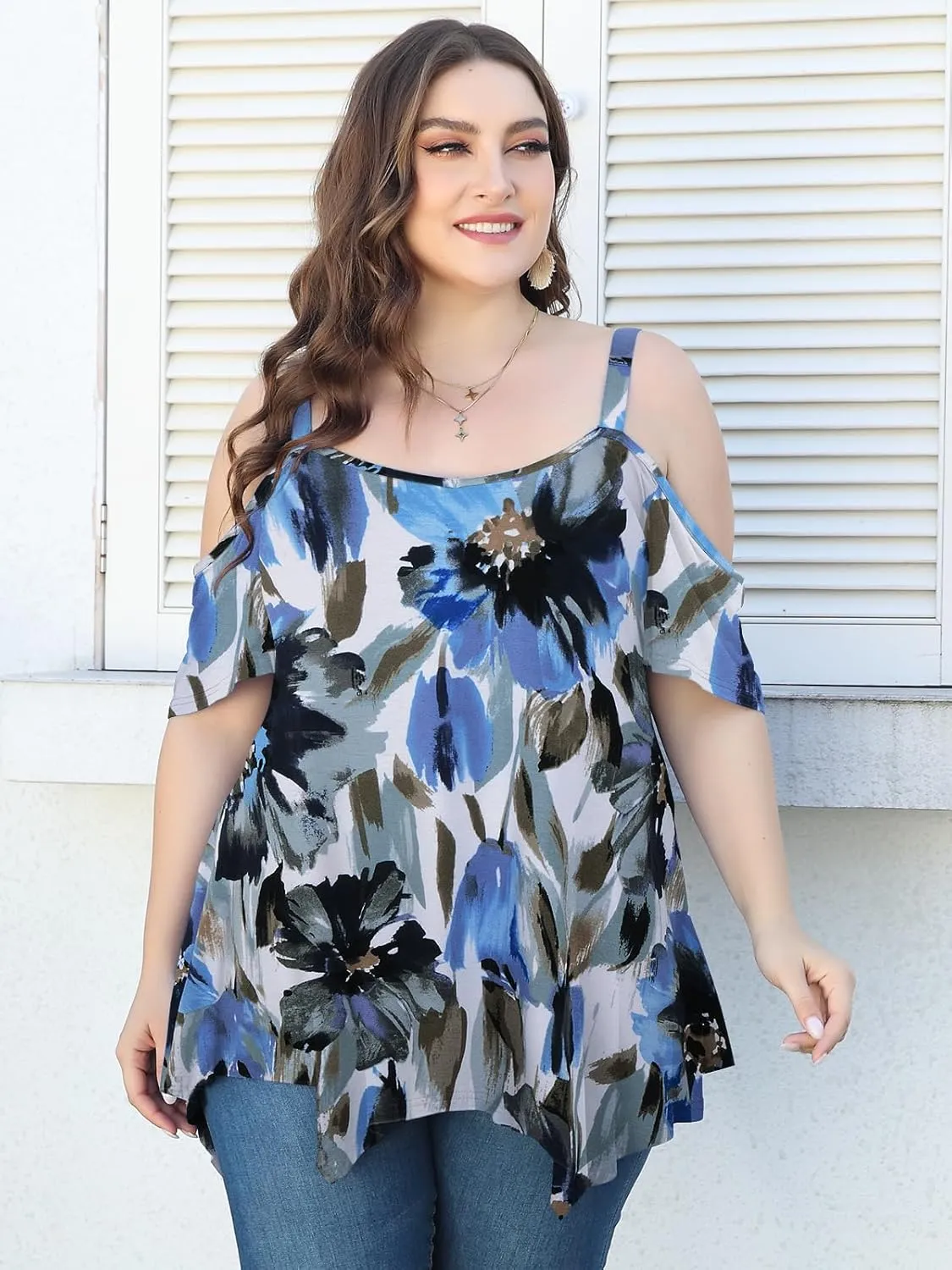 LARACE Cold Shoulder Tops for Womens Summer Clothes Spaghetti Strape Tunic Oversized Shirts Asymmetrical Plus Size Blouse