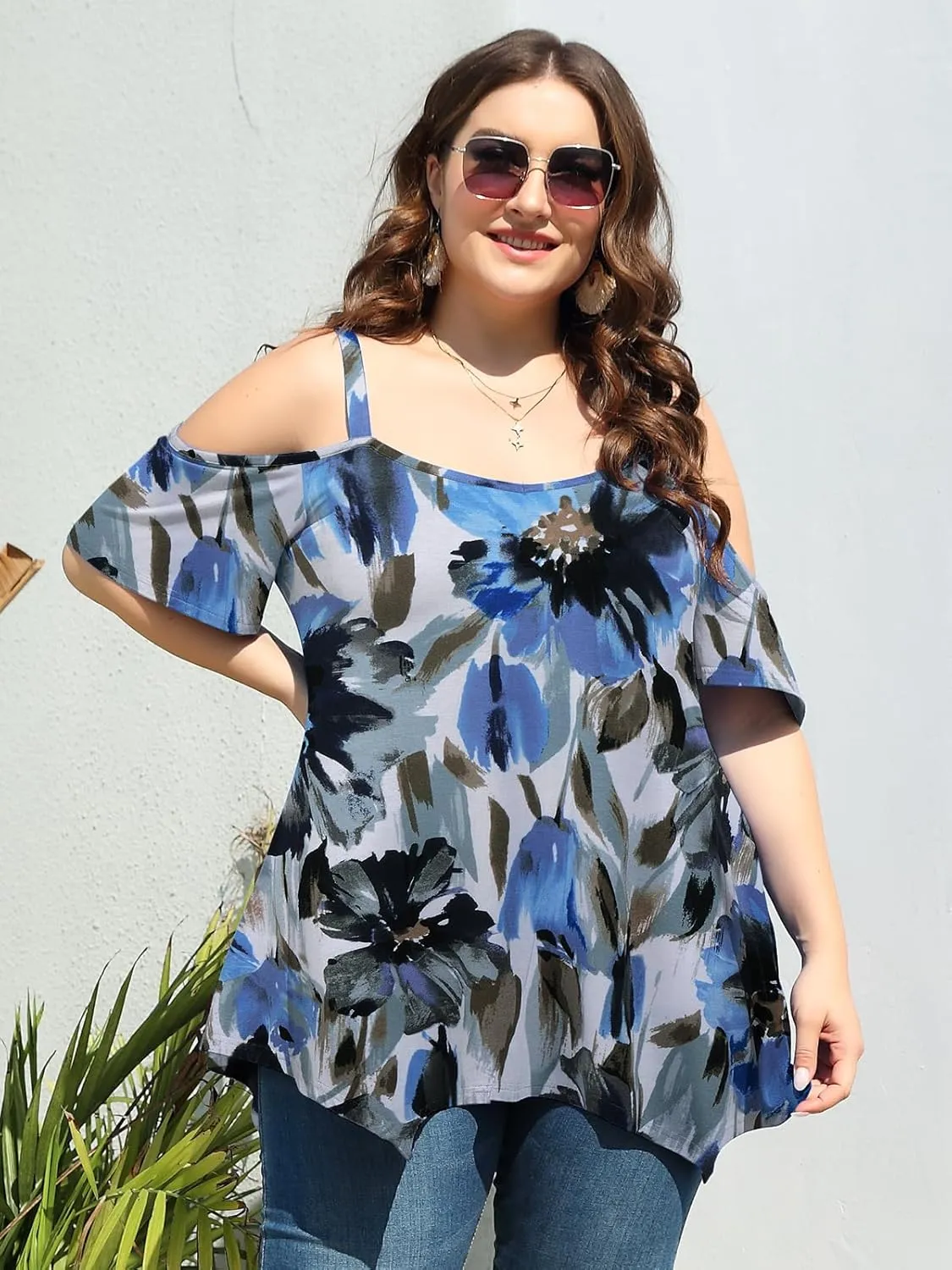 LARACE Cold Shoulder Tops for Womens Summer Clothes Spaghetti Strape Tunic Oversized Shirts Asymmetrical Plus Size Blouse