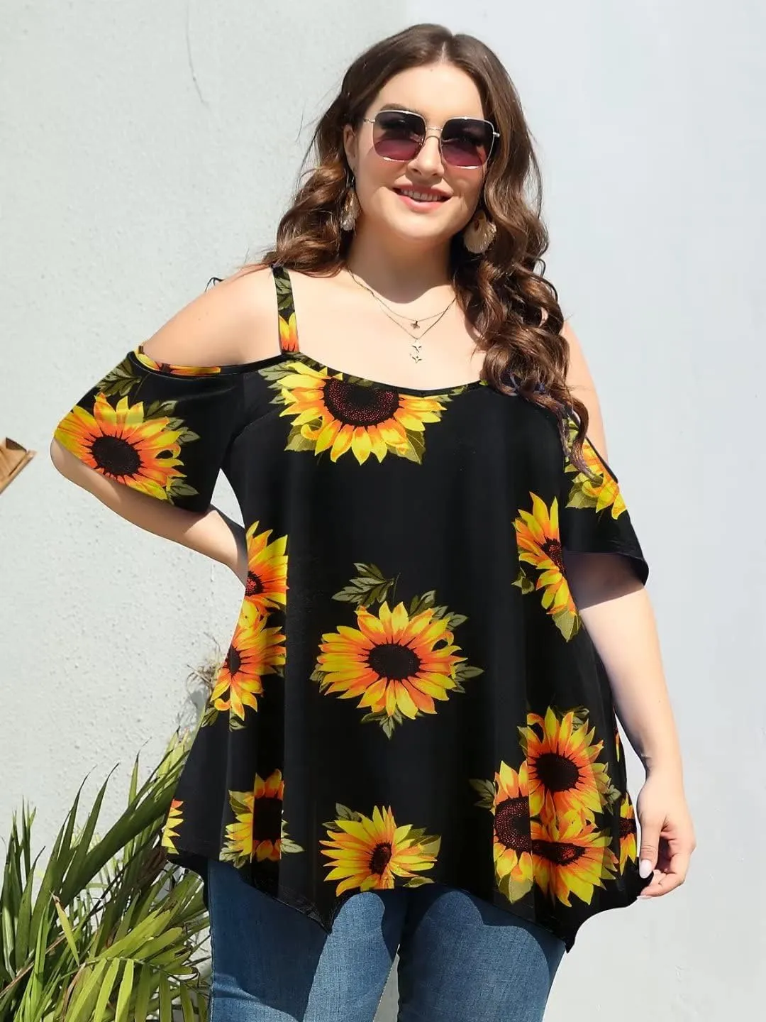 LARACE Cold Shoulder Tops for Womens Summer Clothes Spaghetti Strape Tunic Oversized Shirts Asymmetrical Plus Size Blouse