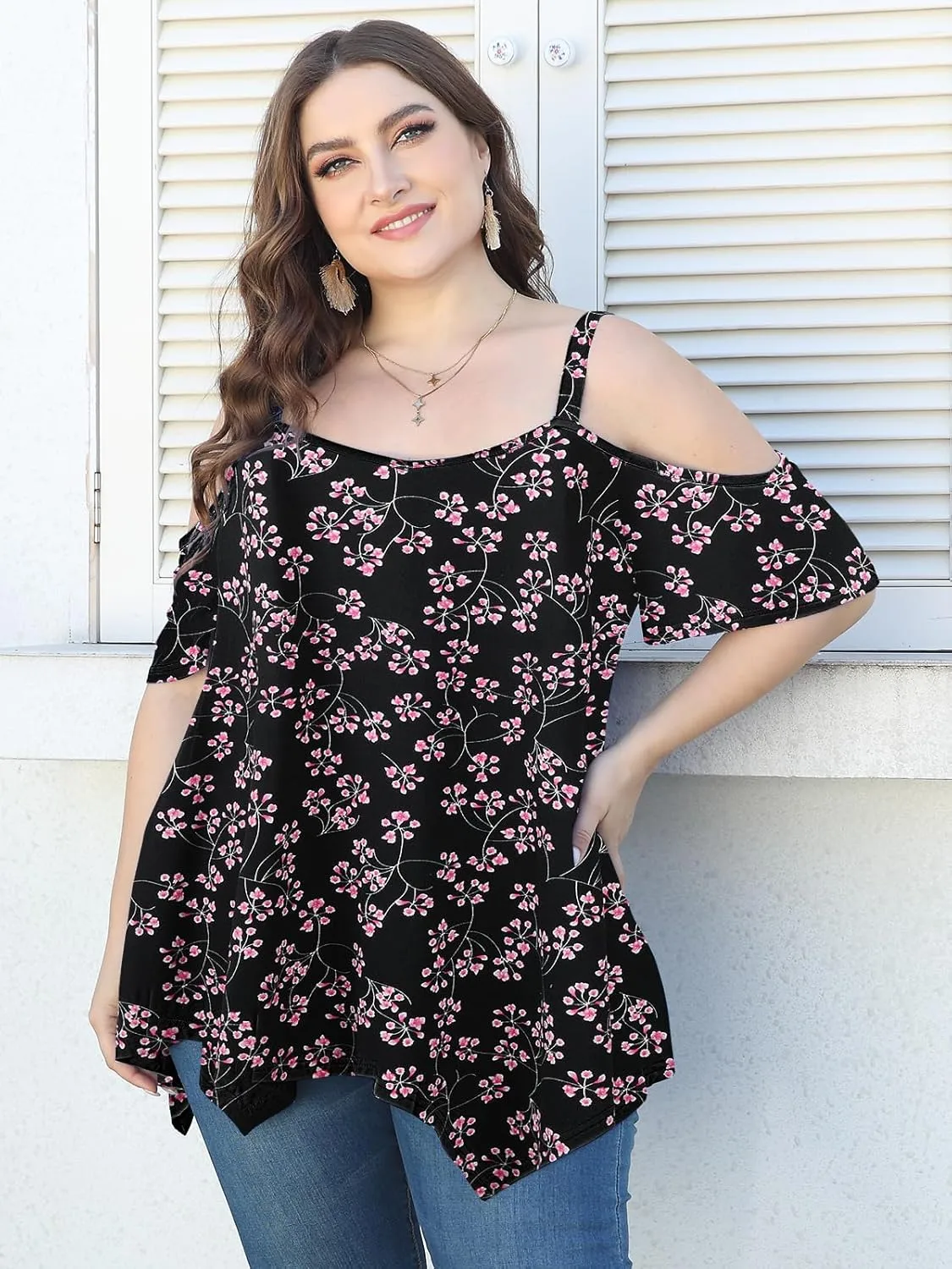 LARACE Cold Shoulder Tops for Womens Summer Clothes Spaghetti Strape Tunic Oversized Shirts Asymmetrical Plus Size Blouse