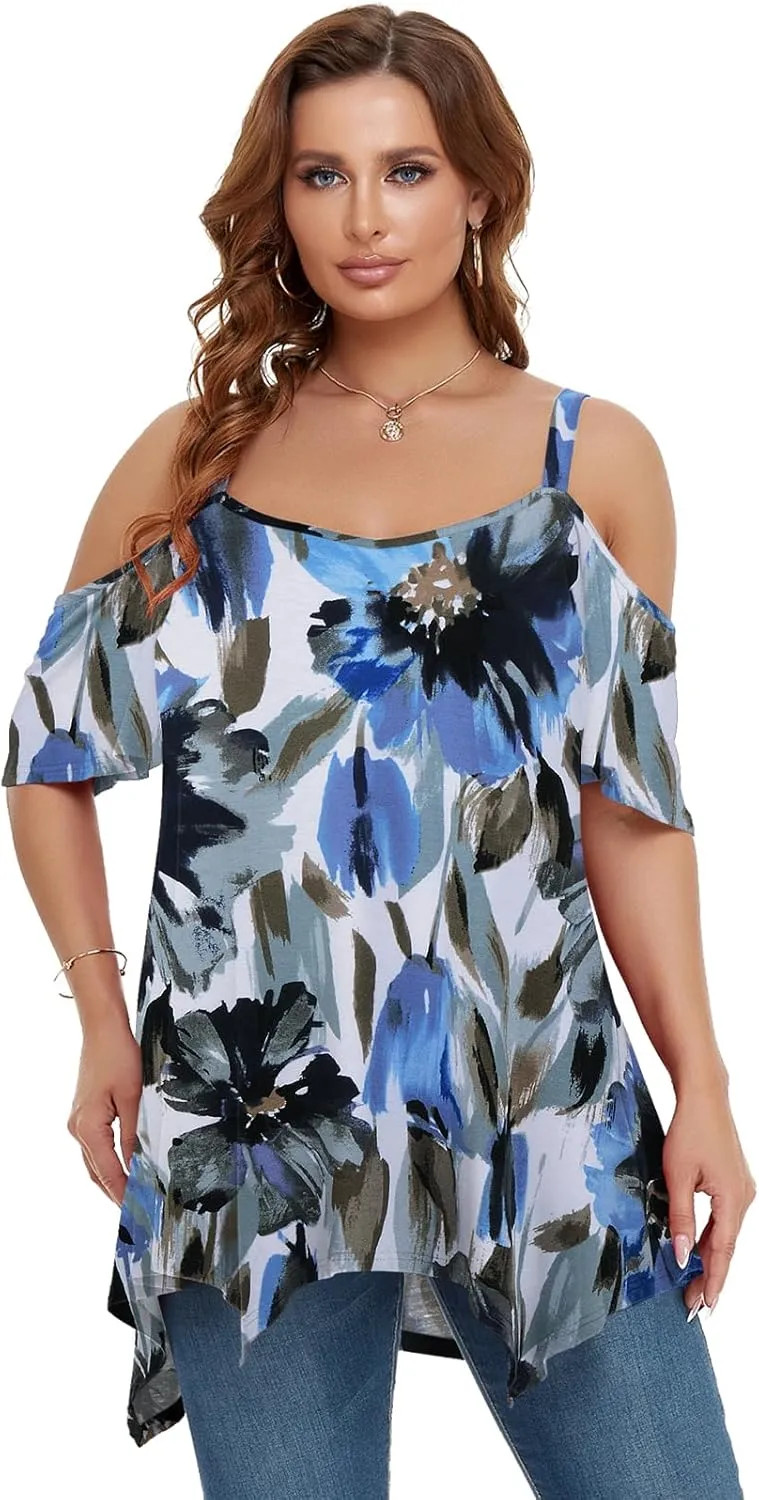 LARACE Cold Shoulder Tops for Womens Summer Clothes Spaghetti Strape Tunic Oversized Shirts Asymmetrical Plus Size Blouse