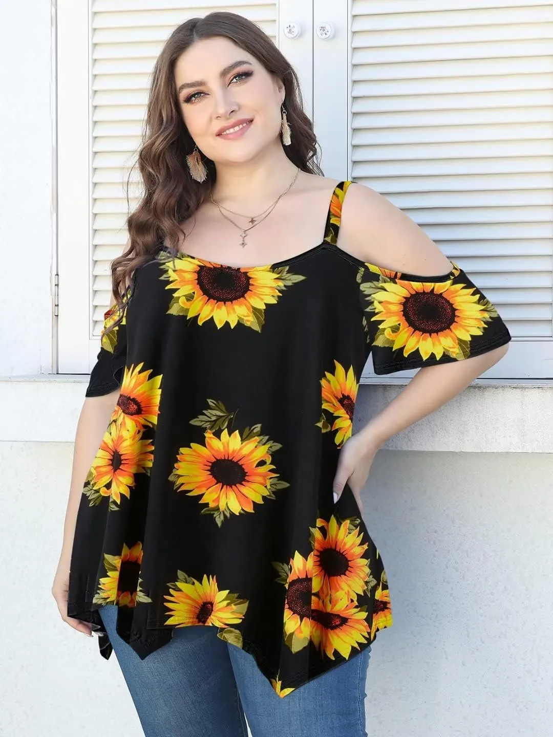 LARACE Cold Shoulder Tops for Womens Summer Clothes Spaghetti Strape Tunic Oversized Shirts Asymmetrical Plus Size Blouse