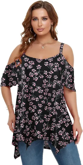 LARACE Cold Shoulder Tops for Womens Summer Clothes Spaghetti Strape Tunic Oversized Shirts Asymmetrical Plus Size Blouse