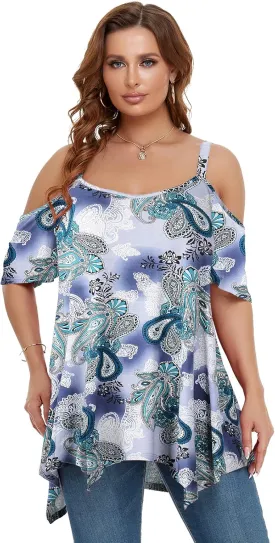 LARACE Cold Shoulder Tops for Womens Summer Clothes Spaghetti Strape Tunic Oversized Shirts Asymmetrical Plus Size Blouse