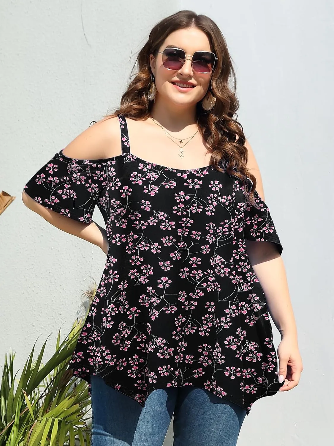 LARACE Cold Shoulder Tops for Womens Summer Clothes Spaghetti Strape Tunic Oversized Shirts Asymmetrical Plus Size Blouse