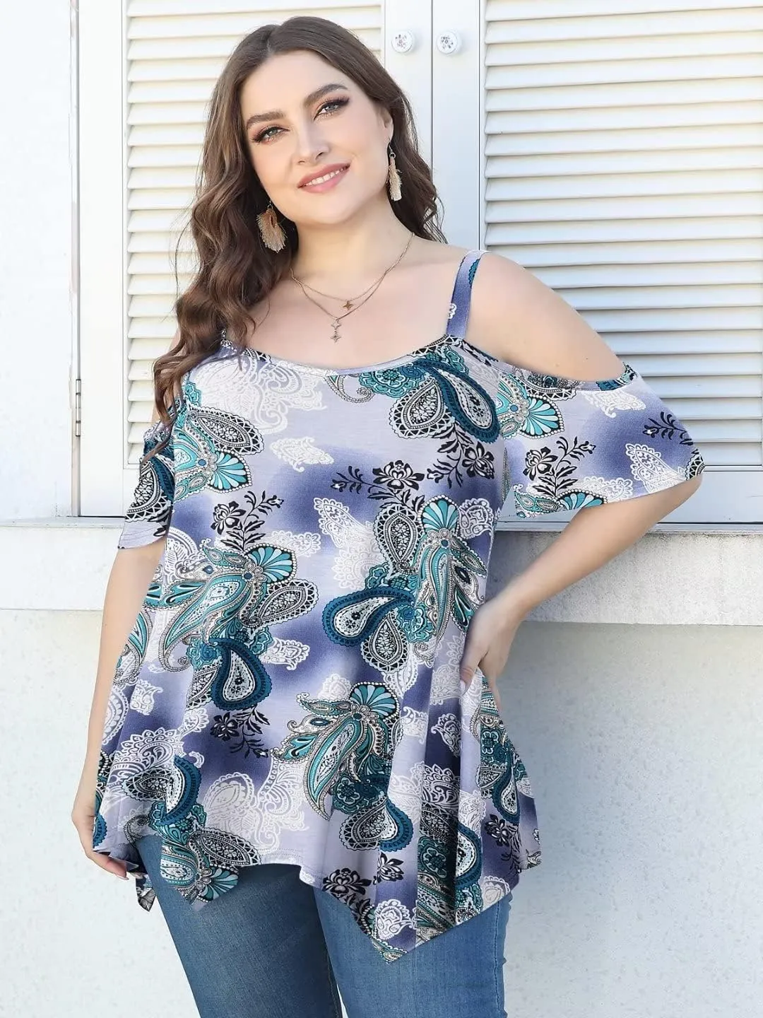 LARACE Cold Shoulder Tops for Womens Summer Clothes Spaghetti Strape Tunic Oversized Shirts Asymmetrical Plus Size Blouse