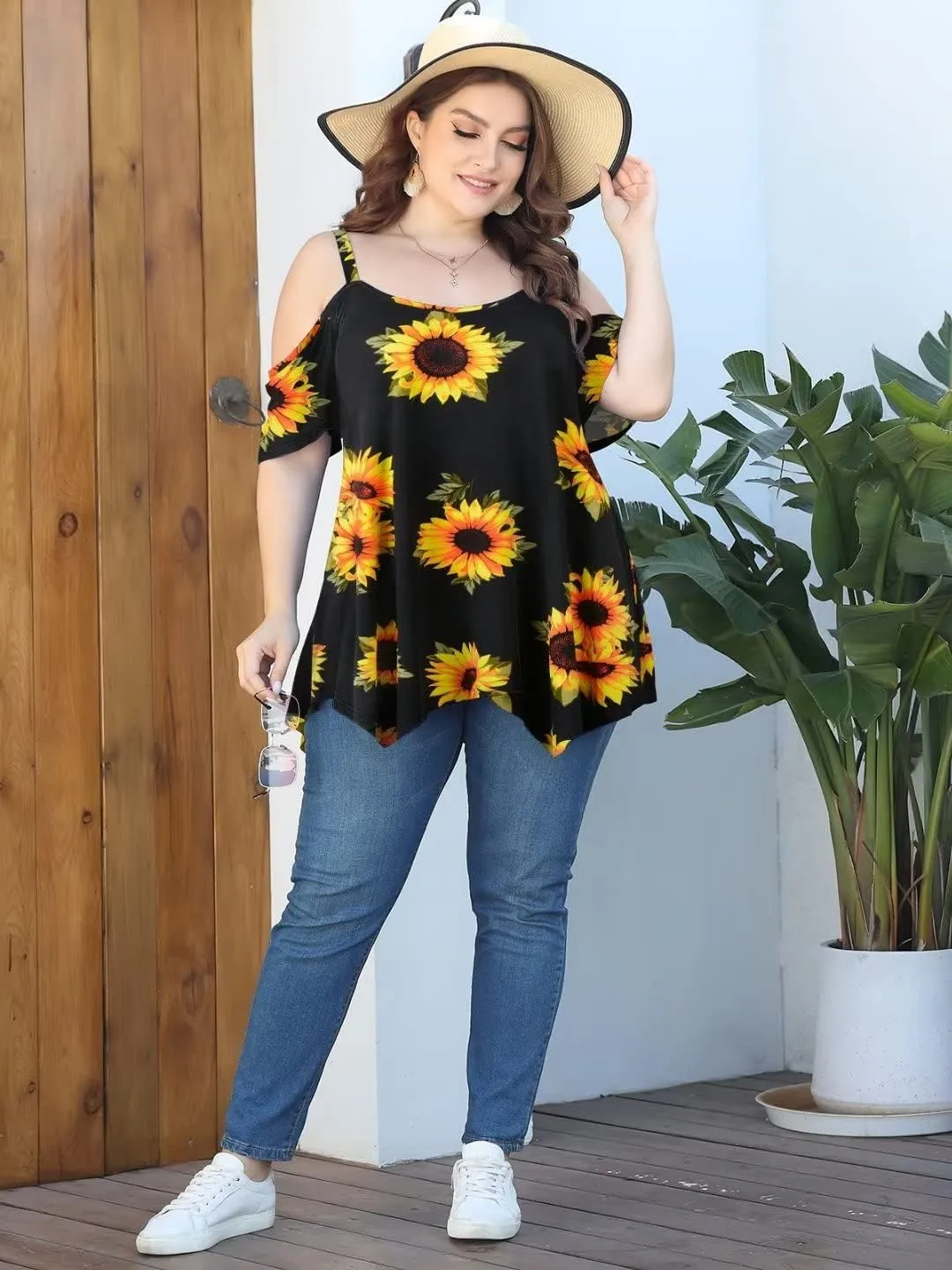 LARACE Cold Shoulder Tops for Womens Summer Clothes Spaghetti Strape Tunic Oversized Shirts Asymmetrical Plus Size Blouse